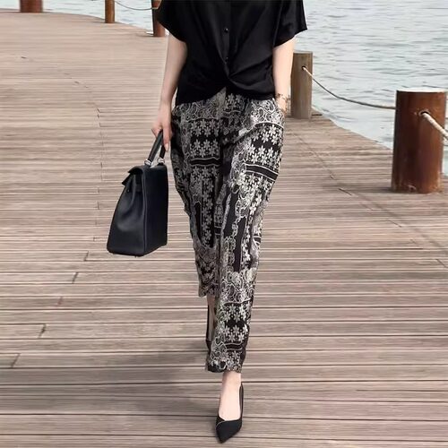 时尚印花哈伦裤女夏薄款2026年新款大码胖MM花裤子显瘦遮肉休闲裤