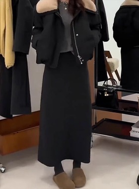 黑色气质半身裙女冬季新款大码梨形身材小个子加厚休闲直筒长裙子