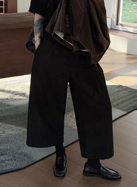 黑色毛呢八分阔腿裤女冬季新款高腰显瘦时尚气质百搭宽松休闲裤子