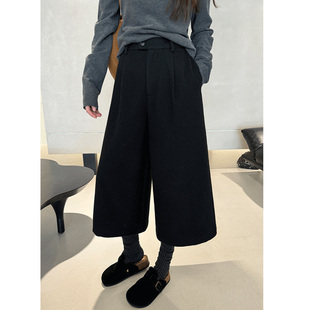 子 宽松休闲七分八分直筒裤 黑色毛呢阔腿裤 女秋冬加绒加厚胖mm大码