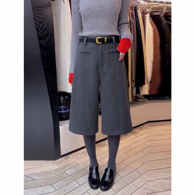 灰色六分毛呢休闲裤女秋冬新款高腰显瘦时尚百搭洋气直筒阔腿裤子