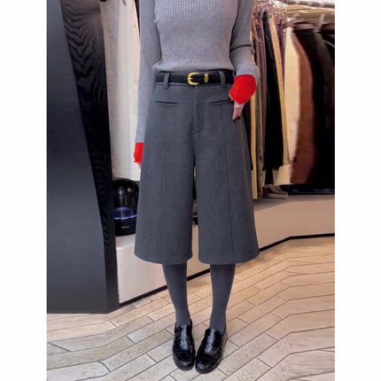 灰色六分毛呢休闲裤女秋冬新款高腰显瘦时尚百搭洋气直筒阔腿裤子