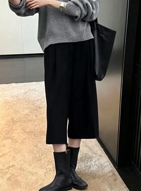 黑色毛呢七分阔腿裤女秋冬2026新款胖mm大码显瘦百搭休闲直筒裤子