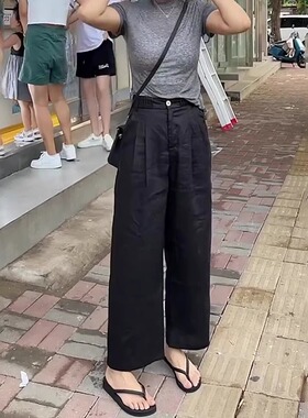 黑色九分亚麻裤女夏季新款高腰显瘦气质时尚百搭舒适休闲直筒裤子