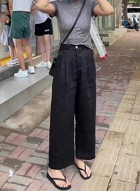 黑色九分亚麻裤女夏季新款高腰显瘦气质时尚百搭舒适休闲直筒裤子