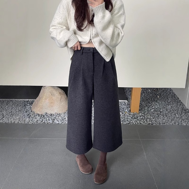 欧货高腰羊绒呢八分阔腿裤女冬季新款时尚高级感小个子百搭休闲裤