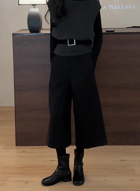 黑色毛呢七分裤女2025秋季流行新款高腰简约宽松日常百搭休闲裤子