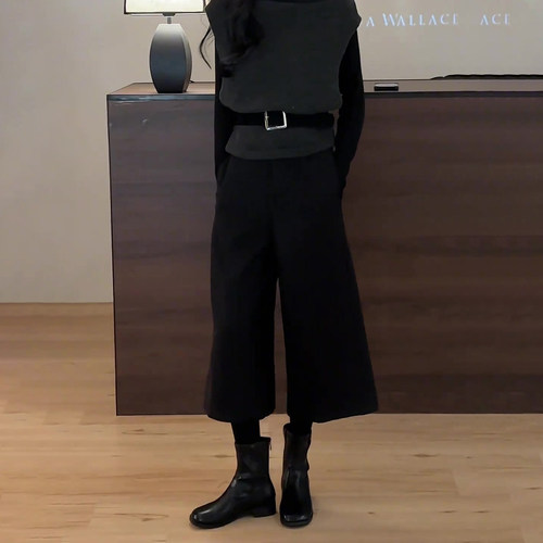 黑色毛呢七分裤女2025秋季流行新款高腰简约宽松日常百搭休闲裤子