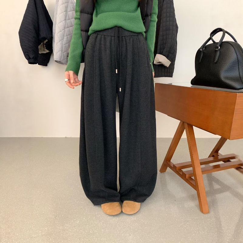 欧洲站羊绒抽绳阔腿卫裤女加绒加厚2025冬季新款宽松垂感休闲长裤