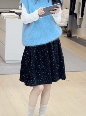 韩版时尚法式温柔风黑色碎花半身裙女松紧腰高腰A字显瘦叠穿中裙