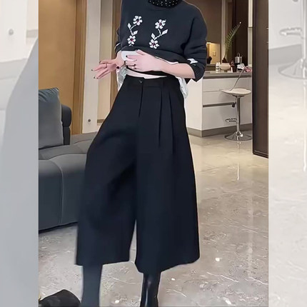 黑色西装七分裤女2025流行新款高腰显瘦简约宽松时尚百搭阔腿裤子