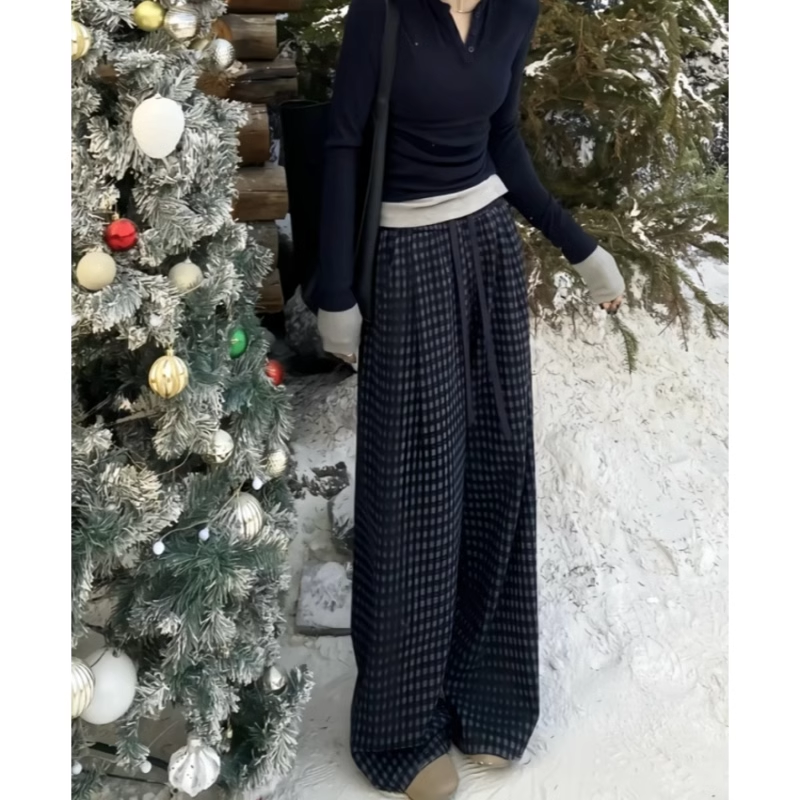 欧货格子纹加绒加厚休闲裤女2025冬季新款胖妹高腰显瘦阔腿拖地裤