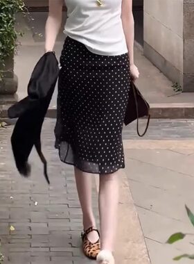 薄款波点直筒中长裙女2026年夏季新款法式浪漫复古气质双层半身裙