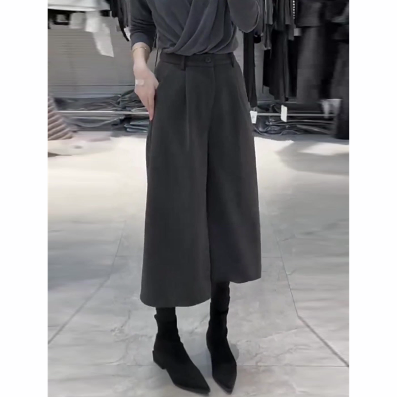 深灰色八分毛呢裤女2025秋季流行新款高腰简约宽松时尚百搭阔腿裤