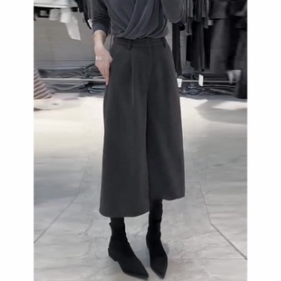 百搭阔腿裤 深灰色八分毛呢裤 高腰简约宽松时尚 流行新款 女2025秋季