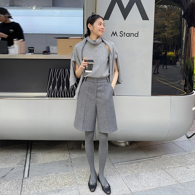 高腰毛呢五分裤女2025秋冬天新款阔腿西装裤小个子直筒5分短裤子