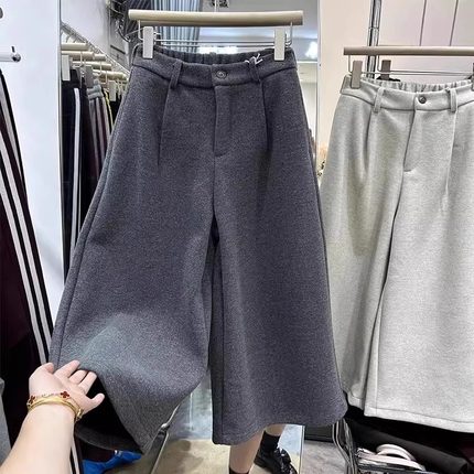 八分阔腿裤女2025新款秋冬款加绒加厚毛呢小个子宽松休闲奶奶裤