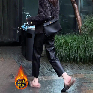 黑色加绒九分皮裤女秋冬新款高腰显瘦时尚百搭洋气休闲直筒烟管裤