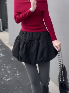 黑色蓬蓬裙女秋冬新款高腰显瘦时尚气质百搭减龄a字花苞短裙