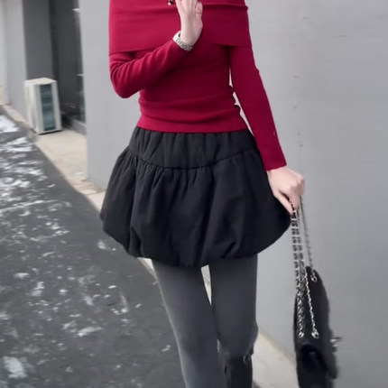 黑色夹棉蓬蓬裙女秋冬新款高腰显瘦时尚气质百搭减龄a字花苞短裙