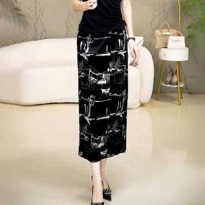 气质轻奢国风半身裙女2025夏季新款时尚印花优雅百搭a字开叉裙子