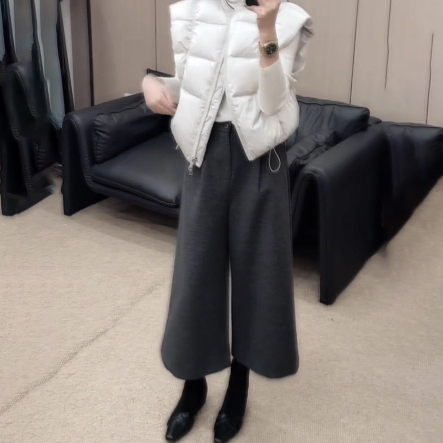 灰色八分毛呢休闲裤女秋冬新款高腰显瘦时尚百搭洋气直筒阔腿裤子