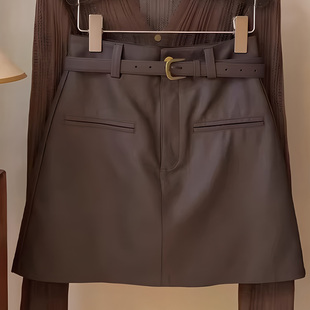 气质复古百搭A字半身裙 高腰时尚 咖色皮裙短裙女2025秋季 流行新款