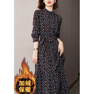 法式复古碎花连衣裙秋冬女新款加绒加厚气质配大衣内搭打底长裙子