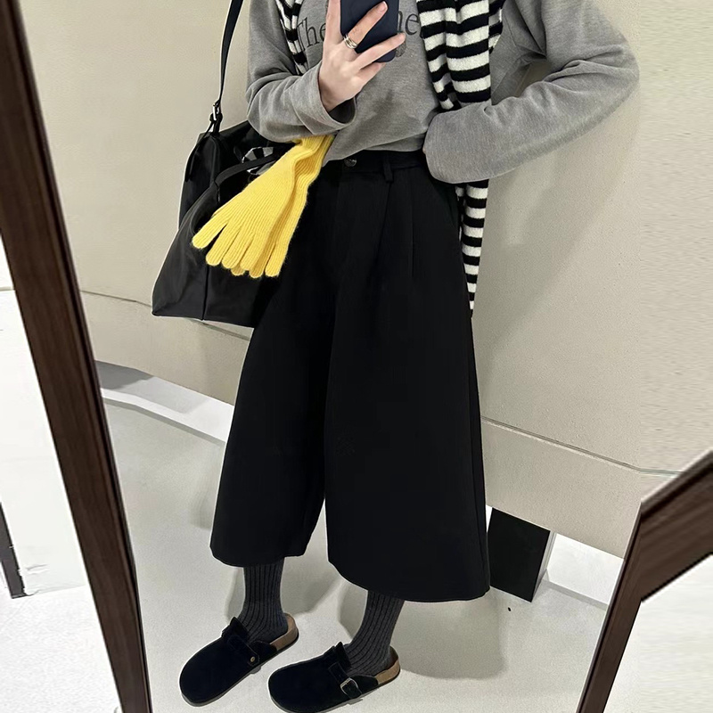 毛呢裤女秋冬加绒大码胖mm宽松慵懒八分裤黑色阔腿裤休闲糯米裤子