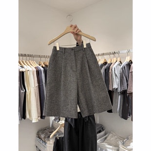 阔腿裤 女五分休闲裤 后松紧腰系扣毛呢短裤 韩国东大门2025秋冬新款