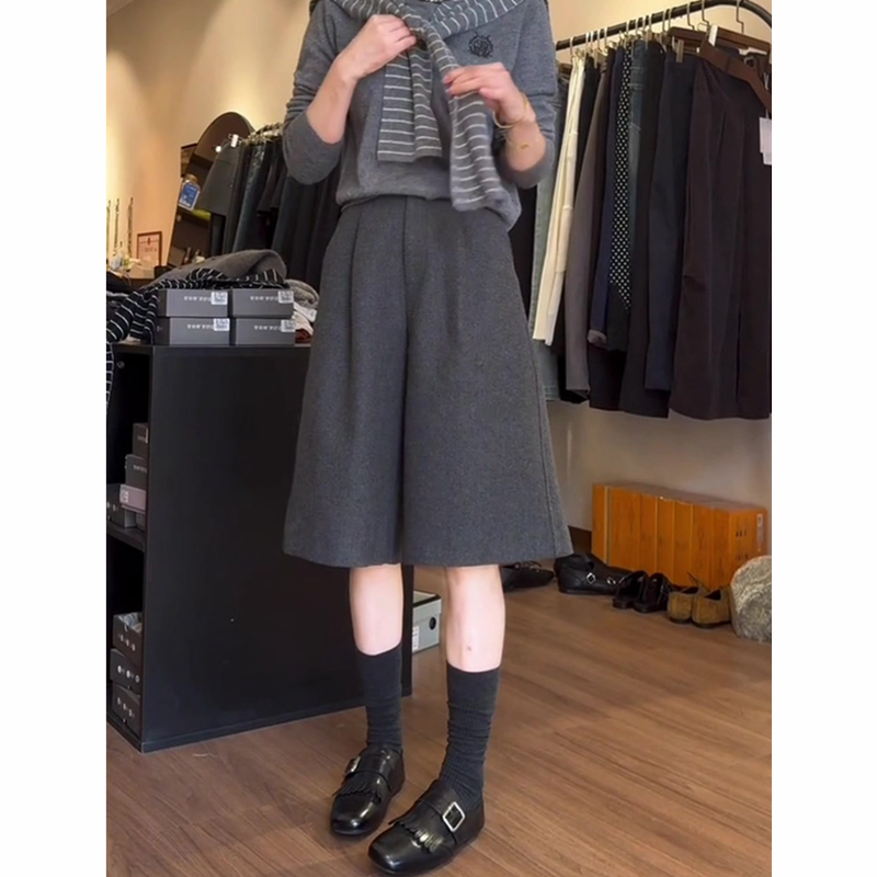 灰色毛呢休闲裤女秋冬新款高腰显瘦气质时尚百搭洋气宽松阔腿裤子