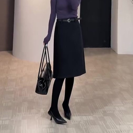 黑色毛呢半身裙女秋冬新款高腰显瘦时尚气质百搭简约a字直筒裙子