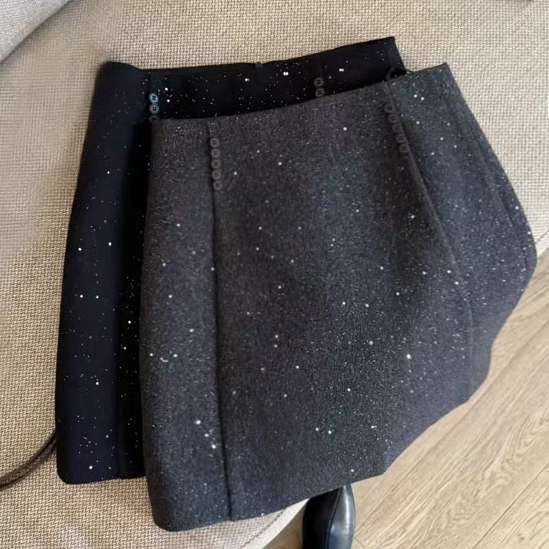 星空闪闪亮片半身裙毛呢包臀裙短款A字裙小个子高腰直筒裙设计感