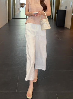 九分休闲裤女2026夏季新款高腰薄款修身显瘦白色百搭阔腿裤子
