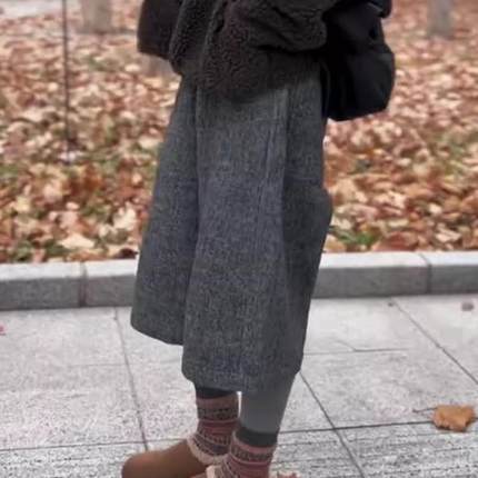 灰色毛呢七分裤女2025冬季新款小众洋气时髦流行宽松显瘦百搭大码