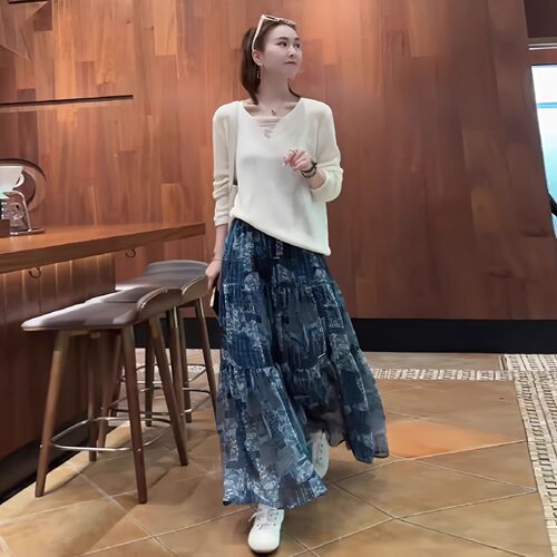 高级感复古显瘦半身裙女2026年夏季新款松紧腰遮肚晕染大摆a字裙
