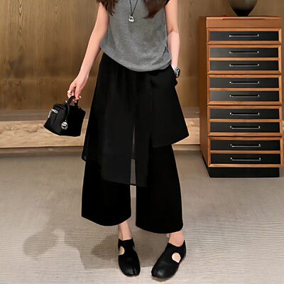 大码2026夏季高腰极简百搭假两件西装裤女胖mm遮胯显瘦八分阔腿裤