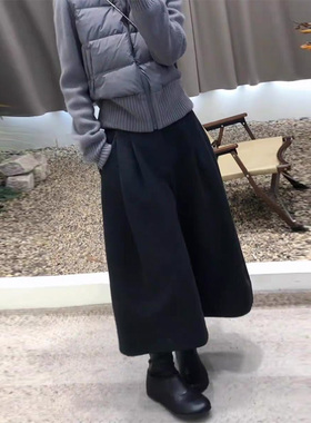 黑色毛呢八分裤女休闲裤秋冬新款高腰显瘦压褶时尚百搭直筒阔腿裤