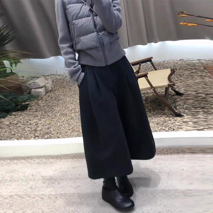 黑色毛呢八分裤女休闲裤秋冬新款高腰显瘦压褶时尚百搭直筒阔腿裤