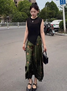 墨绿色国风新中式印花半身裙女夏季新款显瘦a字裙时尚优雅中长裙