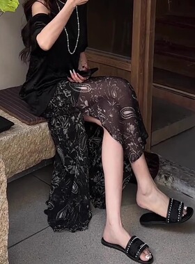 黑色侧开叉印花半身裙女夏季新款优雅时尚气质百搭轻熟风中长裙子