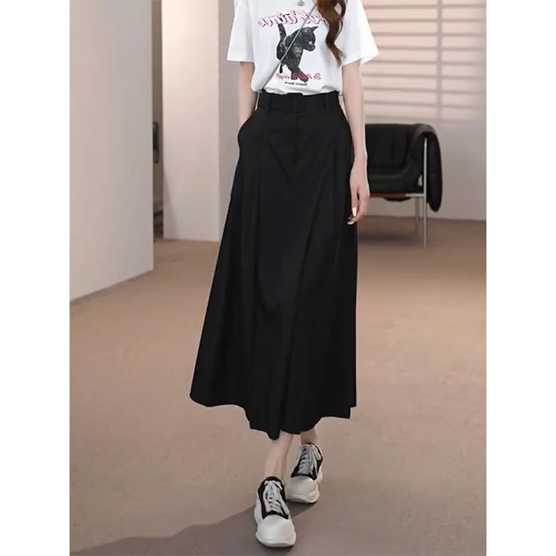 2026年夏季新款高腰显瘦黑色垂感中长裙女宽松薄款百搭A字半身裙