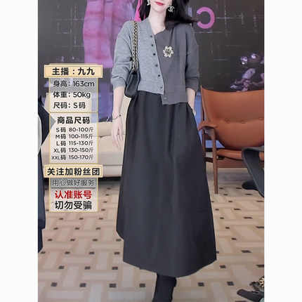 假两件拼接针织连衣裙2025秋冬新款时尚宽松遮肚气质显瘦长袖长裙