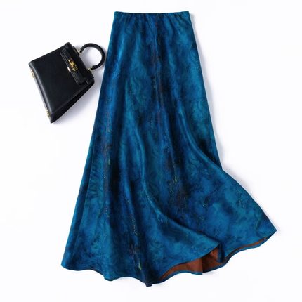 大摆真丝花罗香云纱鱼尾裙！加长斜裁修身桑蚕丝蓝色礼服半身裙