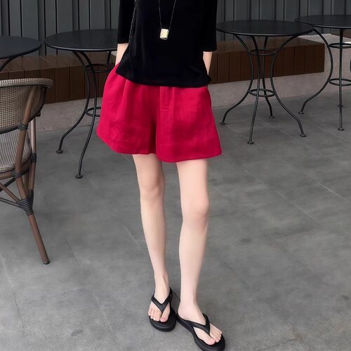 红色亚麻短裤女2026新款气质高腰显瘦通勤百搭松弛感休闲裤