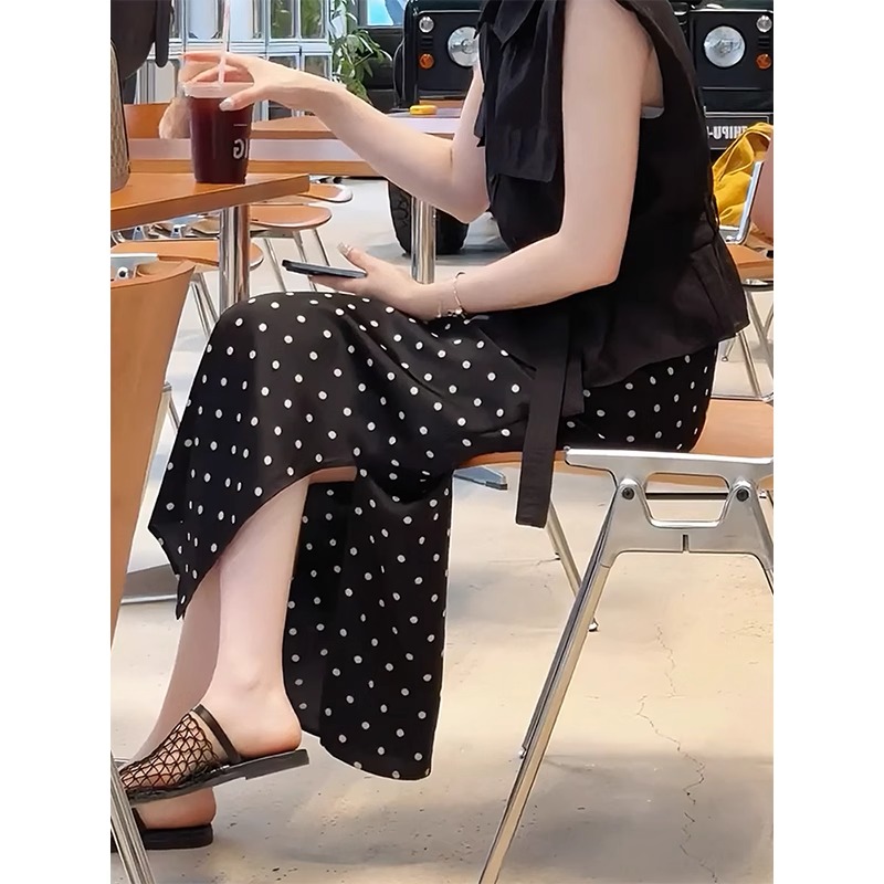 2025年夏季新款欧美休闲气质高腰波点开叉半身裙女修身显瘦直筒裙