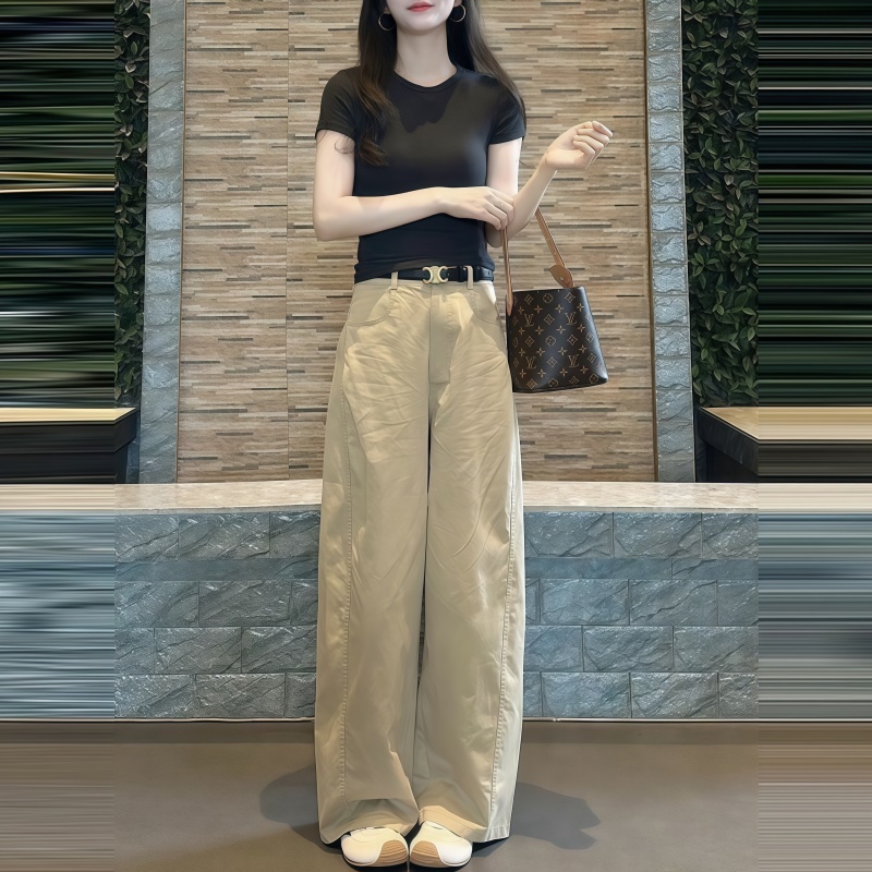 韩系穿搭卡其色休闲裤女夏季新款宽松显瘦高腰直筒阔腿拖地长裤子