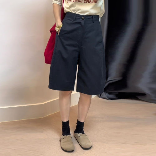 藏青色阔腿五分裤女夏季薄款2026新款大码胖mm显瘦松弛感休闲短裤