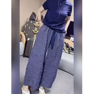 韩系高腰格子休闲阔腿裤女大码夏季薄款宽松显瘦百搭直筒九分裤