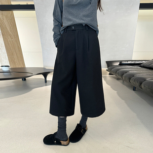 子 宽松休闲七分八分直筒裤 黑色毛呢阔腿裤 女秋冬加绒加厚胖mm大码